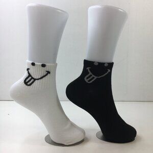 Womens Crew Socks Set 2 Tongue Out Smiley Face Design Solid White Black Gray